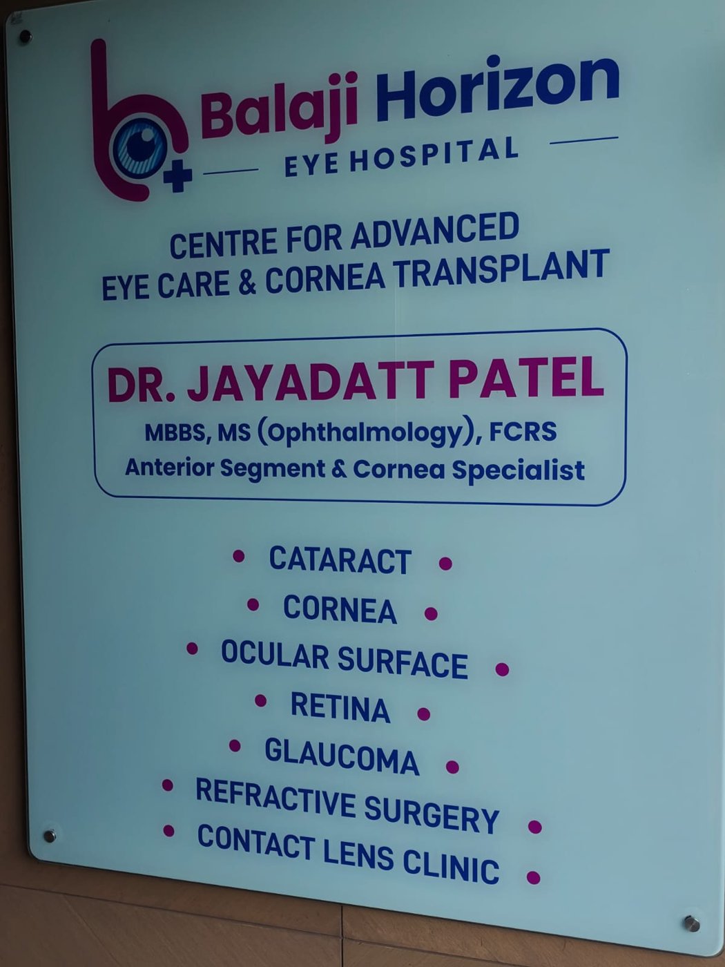 Balaji Horizon Eye Hospital signage — Centre for Advanced Eye Care and Cornea Transplant