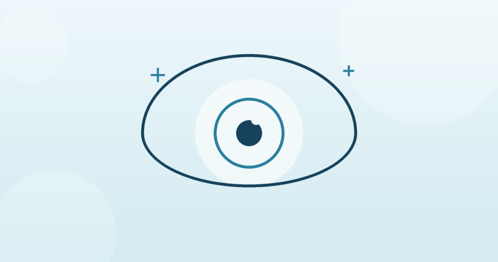Minimal line-art eye behind soft haze — posterior capsule opacification (cloudy vision after cataract surgery) banner